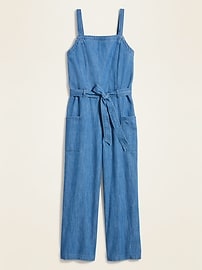 View large product image 3 of 3. Sleeveless Tie-Belt Utility Jean Jumpsuit for Women