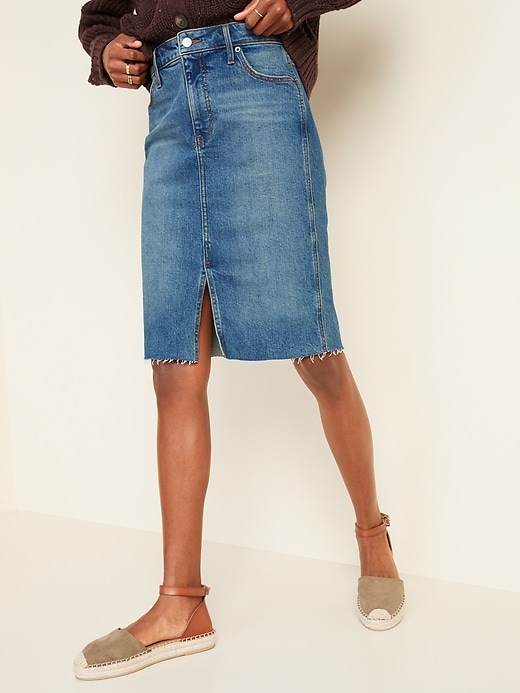 View large product image 1 of 3. High-Waisted Frayed-Hem Midi Jean Skirt for Women