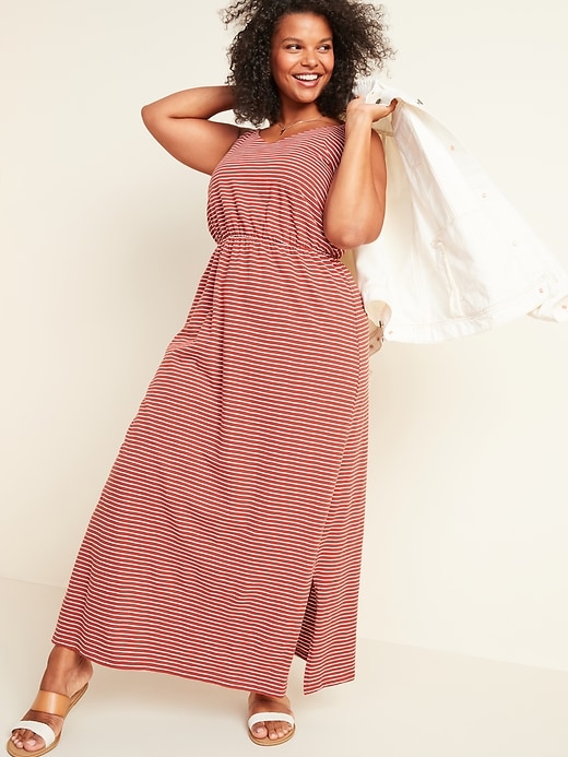 View large product image 1 of 3. Waist-Defined Striped Jersey Plus-Size Cami Maxi Dress
