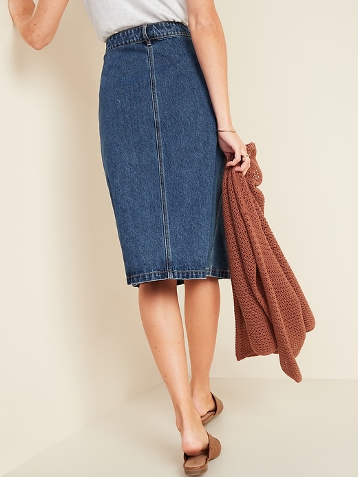 View large product image 2 of 3. High-Waisted Button-Front Midi Jean Skirt for Women