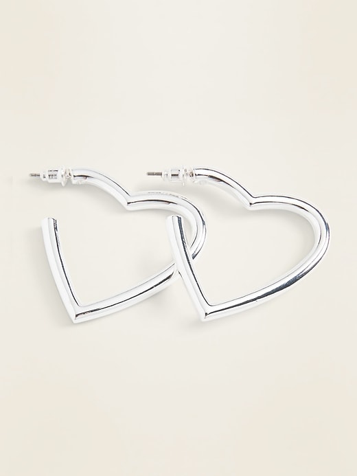 View large product image 1 of 1. Silver-Toned Heart-Shaped Hoop Earrings for Women