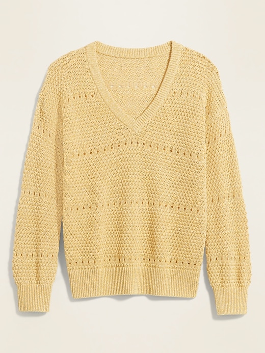 View large product image 2 of 2. Textured Pointelle-Knit V-Neck Sweater for Women