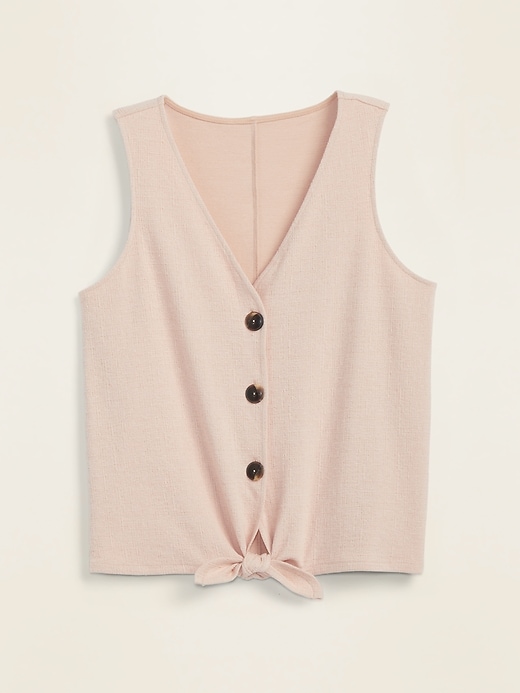 View large product image 1 of 1. Cropped Tie-Hem Textured-Knit Sleeveless Top