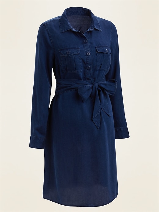 View large product image 1 of 1. Maternity Chambray Utility Tie-Belt Shirt Dress