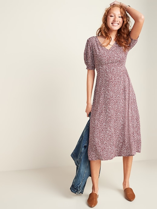 View large product image 1 of 2. Floral-Print V-Neck Fit & Flare Midi Dress