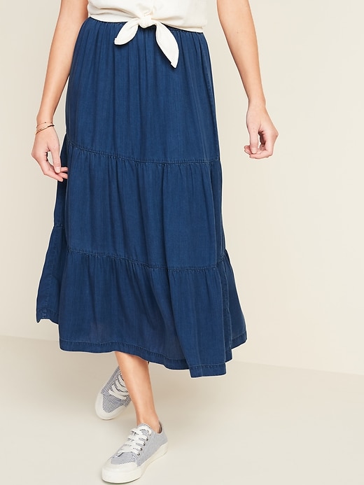 View large product image 1 of 3. Tiered Chambray Midi Skirt