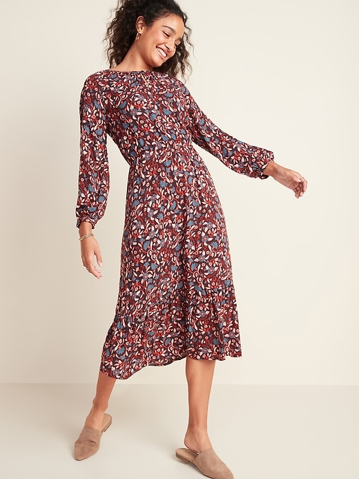 View large product image 1 of 3. Floral-Print Waist-Defined Midi Dress for Women
