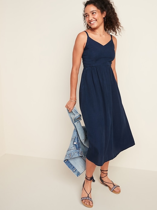 View large product image 1 of 3. Dark-Wash Chambray Cami Fit & Flare Midi Dress