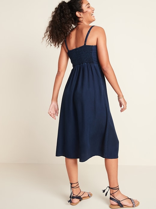 View large product image 2 of 3. Dark-Wash Chambray Cami Fit & Flare Midi Dress