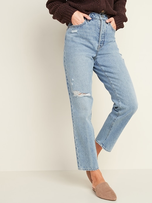 Old Navy Extra High-Waisted Sky-Hi Straight Rigid Ripped Jeans for Women. 1