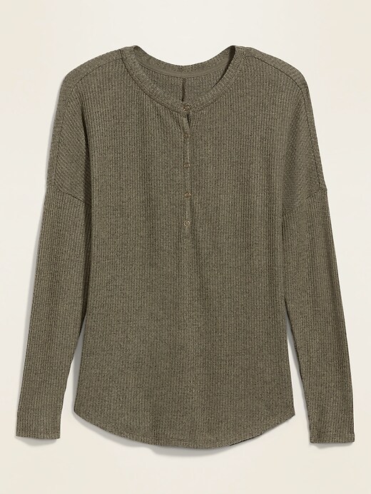 View large product image 1 of 1. Relaxed Cozy Waffle-Knit Henley Tunic Top