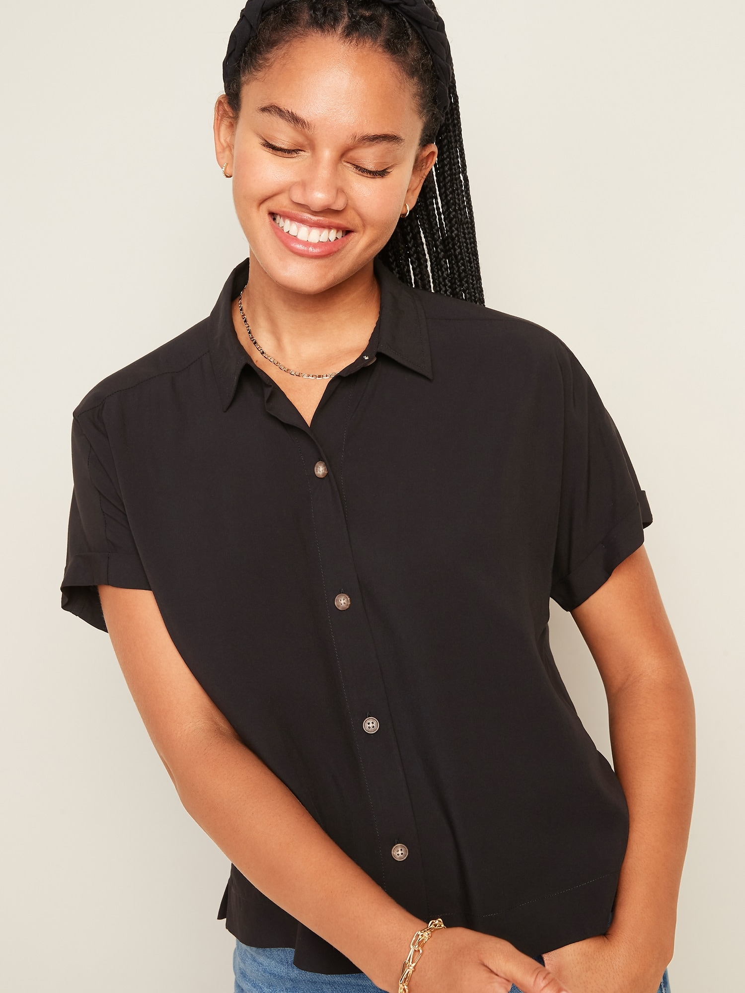 Oversized Soft-Woven Cropped Short-Sleeve Shirt for Women | Old Navy