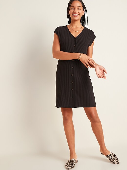 View large product image 1 of 3. Rib-Knit Button-Front Shift Dress