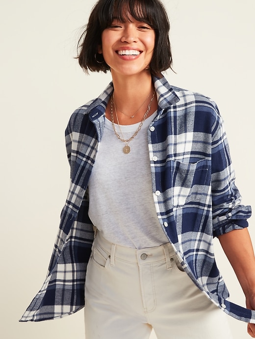 View large product image 1 of 2. Oversized Plaid Flannel Boyfriend Tunic Shirt