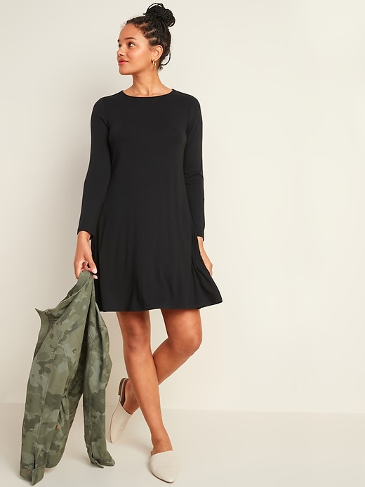 View large product image 1 of 3. Jersey-Knit Long-Sleeve Swing Dress for Women