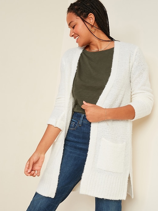 View large product image 1 of 3. Cozy Bouclé Open-Front Long-Line Sweater for Women