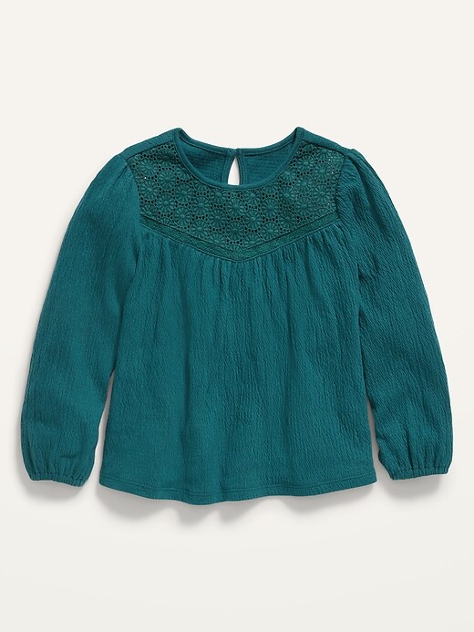 View large product image 1 of 1. Lace-Yoke Puckered-Jersey Swing Top for Toddler Girls