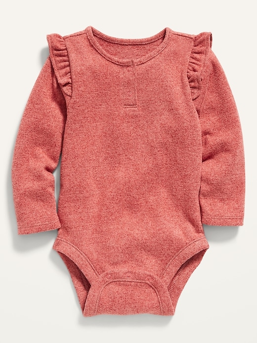 View large product image 1 of 2. Unisex Long-Sleeve Plush-Knit Ruffle-Trim Bodysuit for Baby