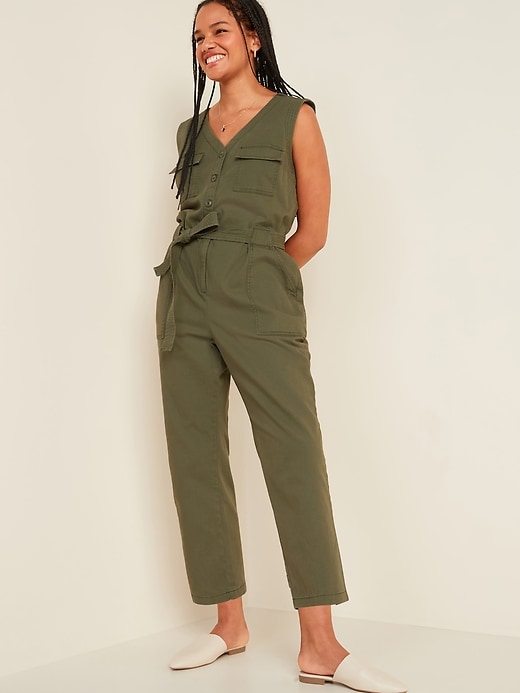 View large product image 1 of 1. Sleeveless Canvas Tie-Belt Utility Jumpsuit for Women