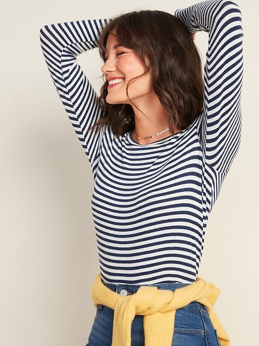 View large product image 1 of 1. Cozy Plush-Knit Striped Long-Sleeve Tee