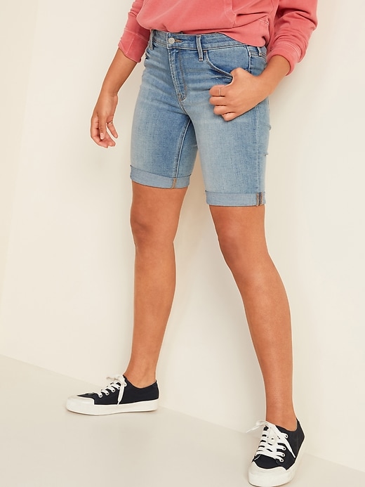 View large product image 1 of 3. Mid-Rise Roll-Cuffed Bermuda Jean Shorts -- 9-inch inseam