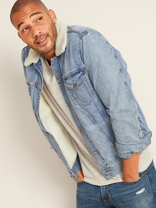 View large product image 1 of 3. Sherpa-Lined Medium-Wash Jean Jacket