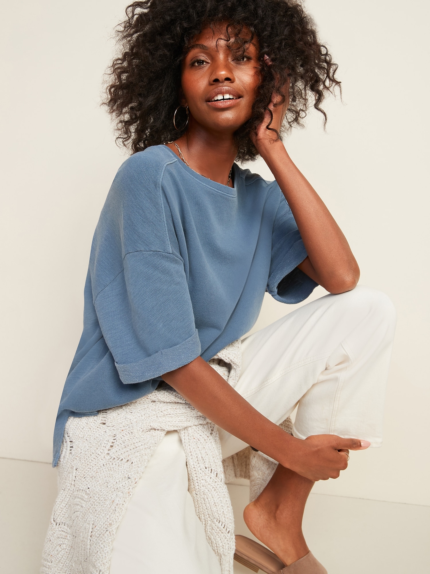 Loose Garment-Dyed Short-Sleeve Sweatshirt | Old Navy