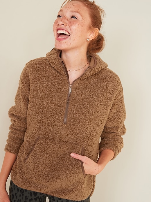 View large product image 1 of 3. Cozy Teddy Sherpa Half-Zip Tunic Hoodie