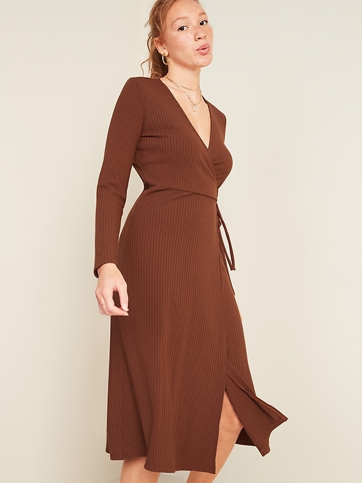 View large product image 1 of 3. Rib-Knit V-Neck Midi Wrap Dress for Women