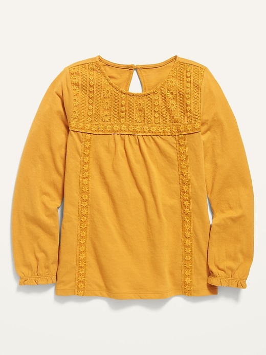 View large product image 1 of 1. Long-Sleeve Lace-Yoke Jersey Top for Girls