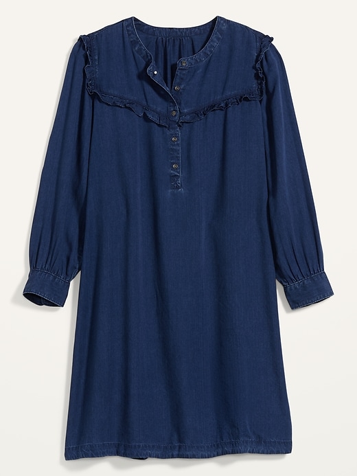Image number 4 showing, Chambray Ruffle-Yoke Plus-Size No-Peek Popover Shirt Dress