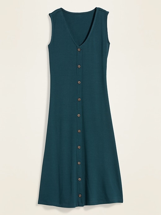 View large product image 2 of 2. Rib-Knit Button-Front Sleeveless Midi Dress