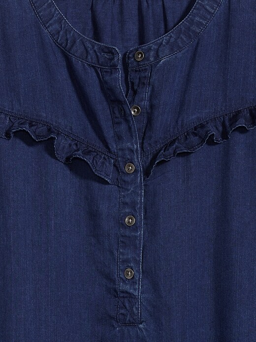 Image number 4 showing, Ruffle-Yoke Indigo Chambray Shirt Dress for Women