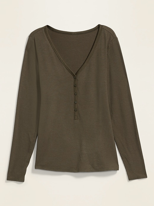 View large product image 2 of 2. Luxe Rib-Knit V-Neck Long-Sleeve Henley Top for Women
