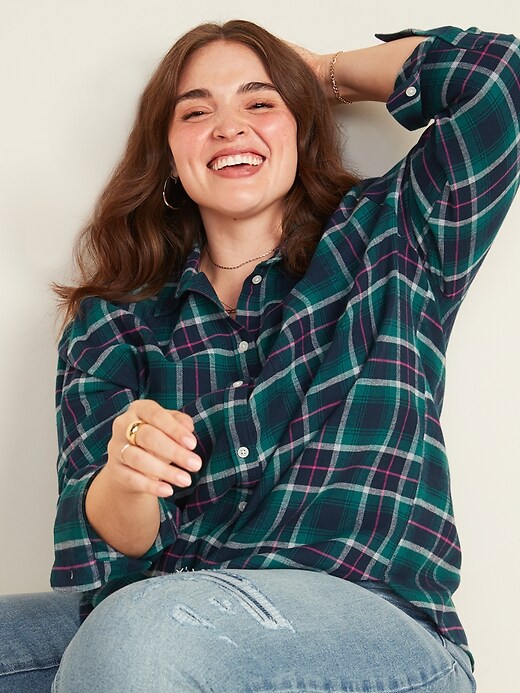 View large product image 1 of 3. Plaid Flannel No-Peek Boyfriend Plus-Size Shirt