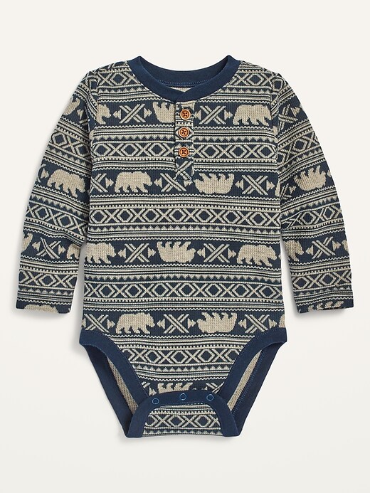 View large product image 1 of 1. Unisex Printed Thermal Henley Bodysuit for Baby