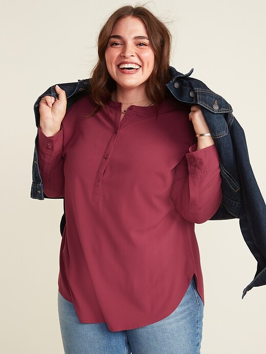 View large product image 1 of 3. No-Peek Button-Front Plus-Size Popover Stretch Tunic