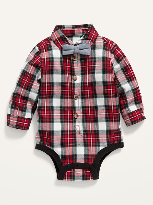 View large product image 1 of 2. Unisex Long-Sleeve Plaid Poplin Bodysuit and Bow-Tie for Baby