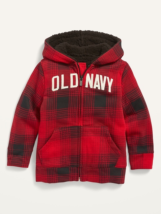 Old Navy Unisex Logo-Graphic Plaid Sherpa-Lined Zip Hoodie for Toddler. 1