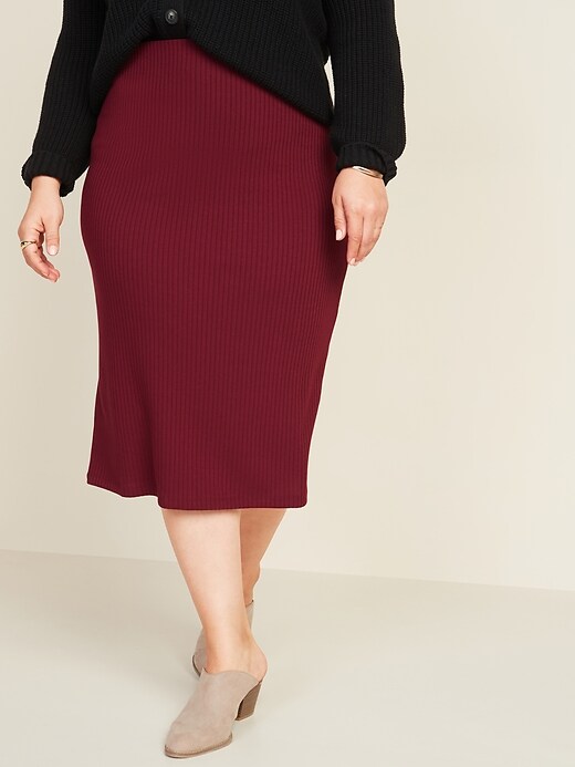 View large product image 1 of 2. High-Waisted Rib-Knit Plus-Size Midi Pencil Skirt