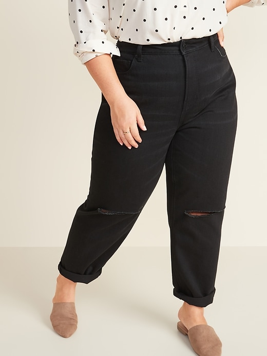 Image number 1 showing, Extra High-Waisted Sky Hi Straight Ripped Plus-Size Black Non-Stretch Jeans