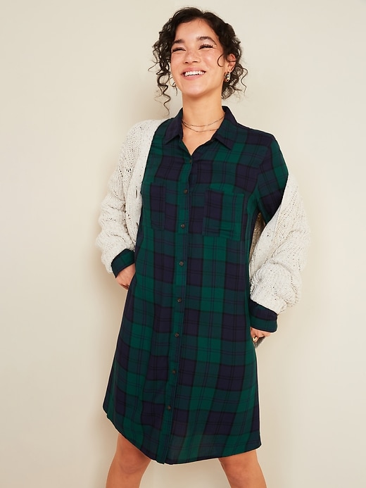 View large product image 1 of 1. Plaid Twill Swing Shirt Dress