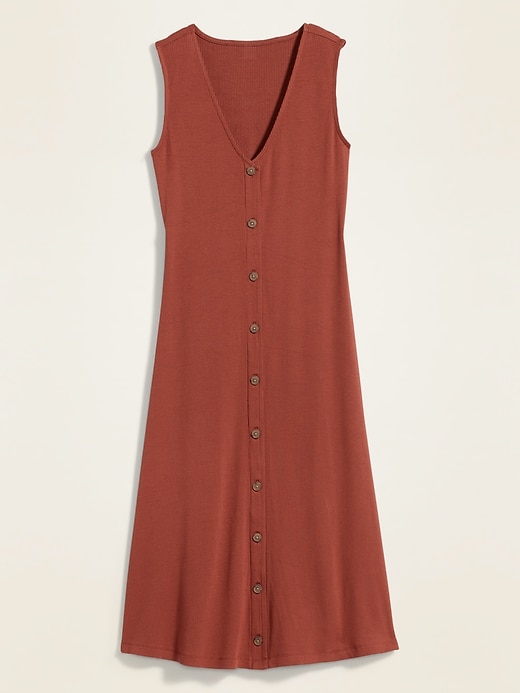 View large product image 2 of 2. Rib-Knit Button-Front Sleeveless Midi Dress