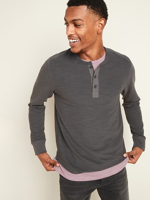View large product image 1 of 1. Textured-Knit Woven-Trim Long-Sleeve Henley Tee