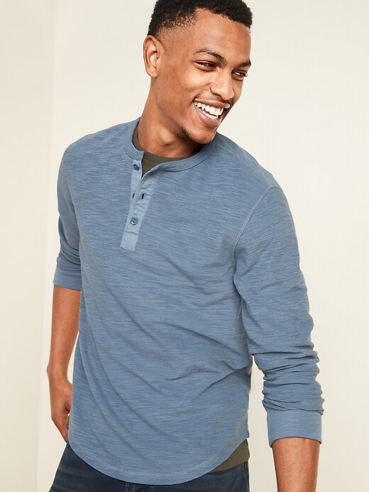 Textured-Knit Woven-Trim Long-Sleeve Henley Tee for Men | Old Navy