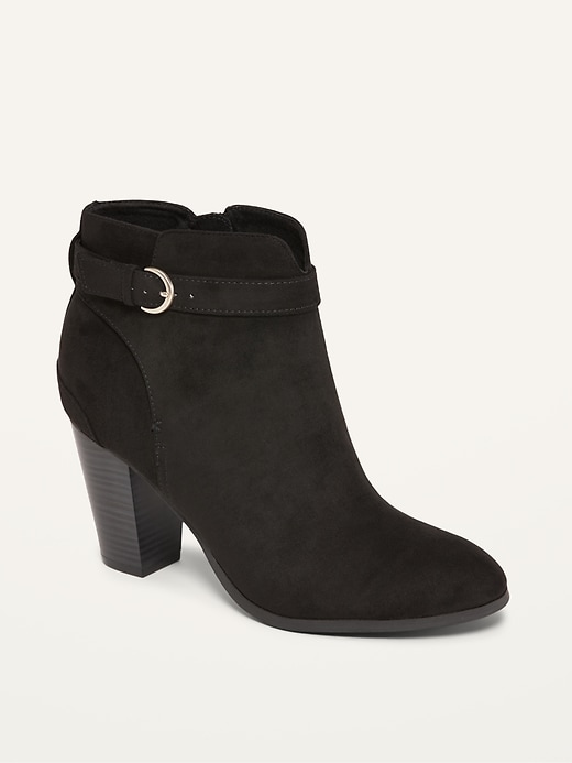 View large product image 1 of 1. Faux-Suede Buckled-Strap High-Heel Booties