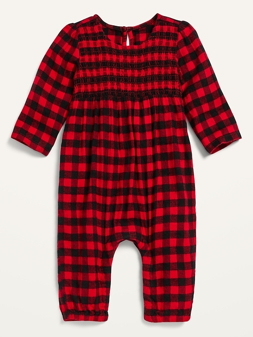 View large product image 1 of 1. Cozy Buffalo Plaid Flannel Smocked-Yoke One-Piece for Baby