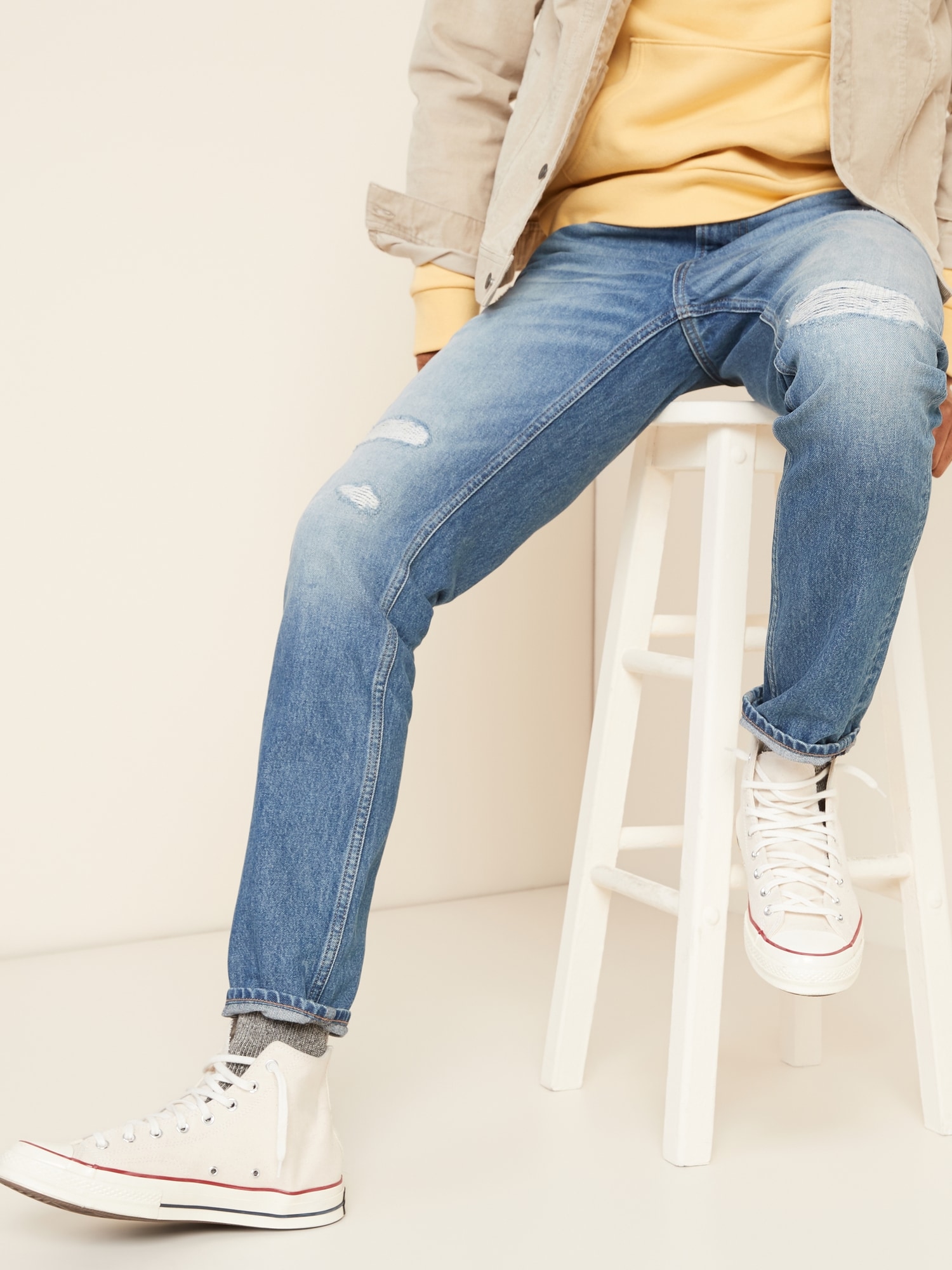 Slim Medium-Wash Rigid Non-Stretch Distressed Jeans for Men
