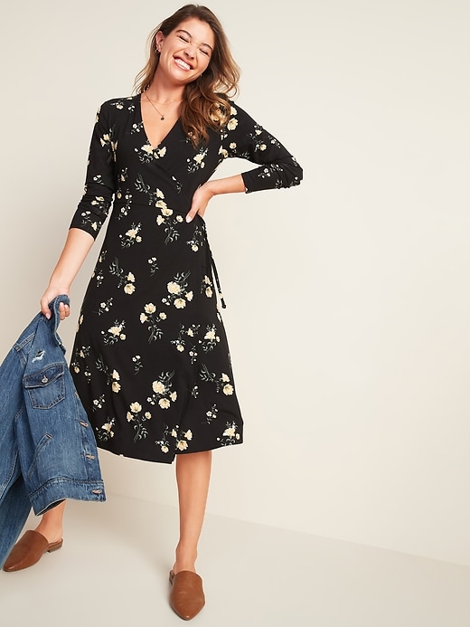 View large product image 1 of 3. Fit & Flare Floral-Print Midi Wrap Dress