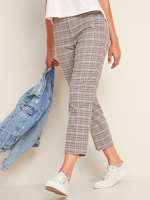 View large product image 1 of 2. Mid-Rise Straight Plaid Pull-On Ankle Pants